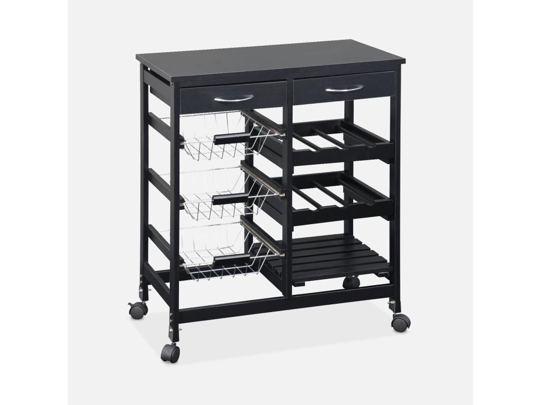 Vente Unique Desserte De Cuisine Noire. Chariot à Roulettes - Charlotte - 2 Tiroirs. 3 Paniers. 2 étagères Range Bouteilles. 1 étagère