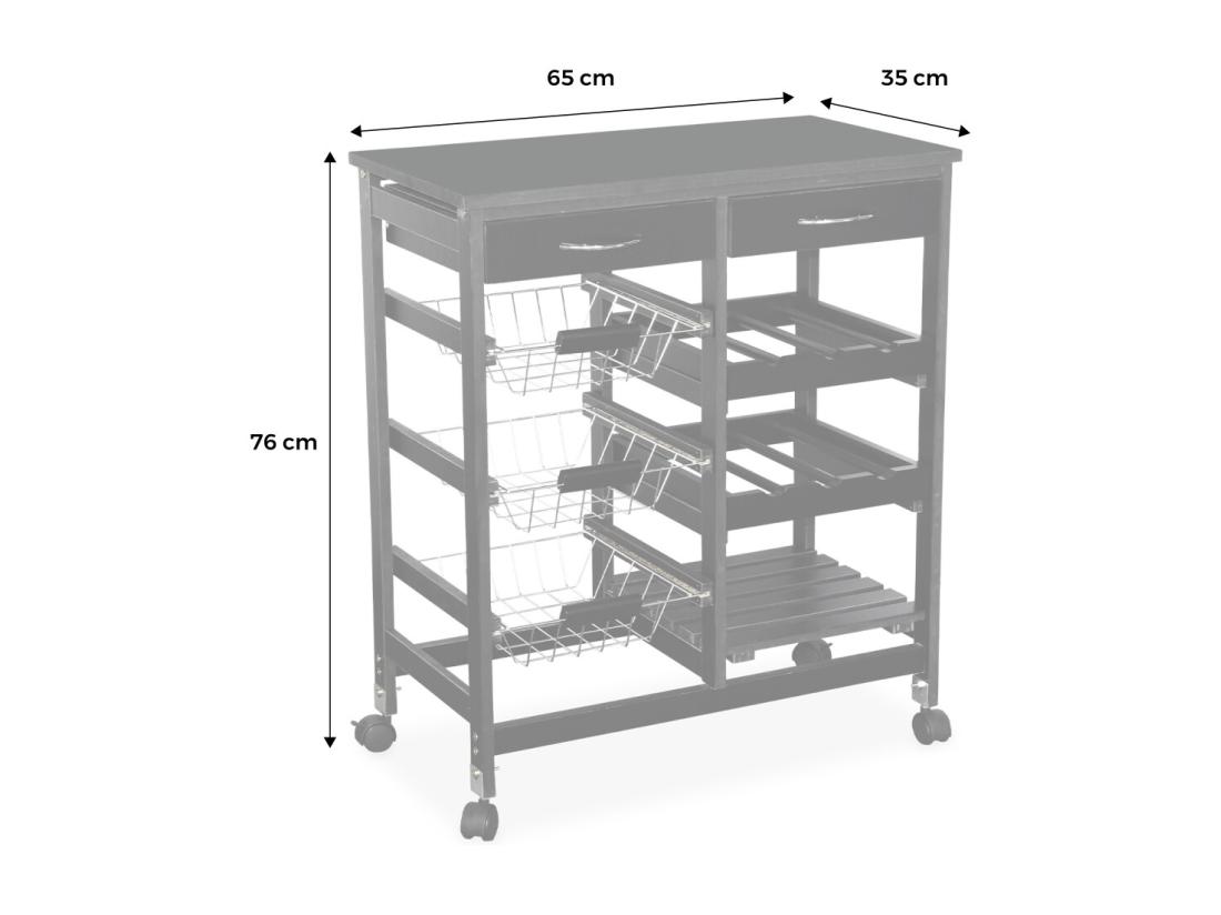 vente unique Desserte de cuisine noire. chariot à roulettes - Charlotte - 2 tiroirs. 3 paniers. 2 étagères range bouteilles. 1 étagère