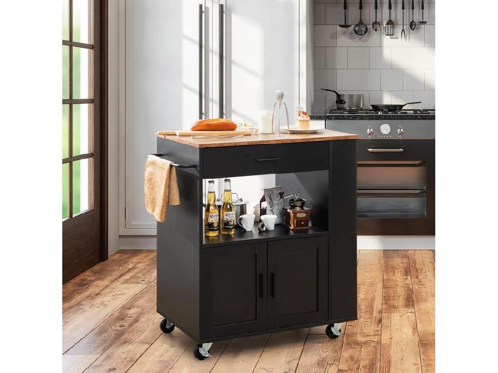 Vente Unique Desserte De Cuisine Sur Roulettes (2 Verrouillables) Chariot De Cuisine Avec Plateau En Bois Et Placard 3 Support à Épices Chariot De Service Tiroir Et Étagère Ouverte 46x82x92 Cm Noir