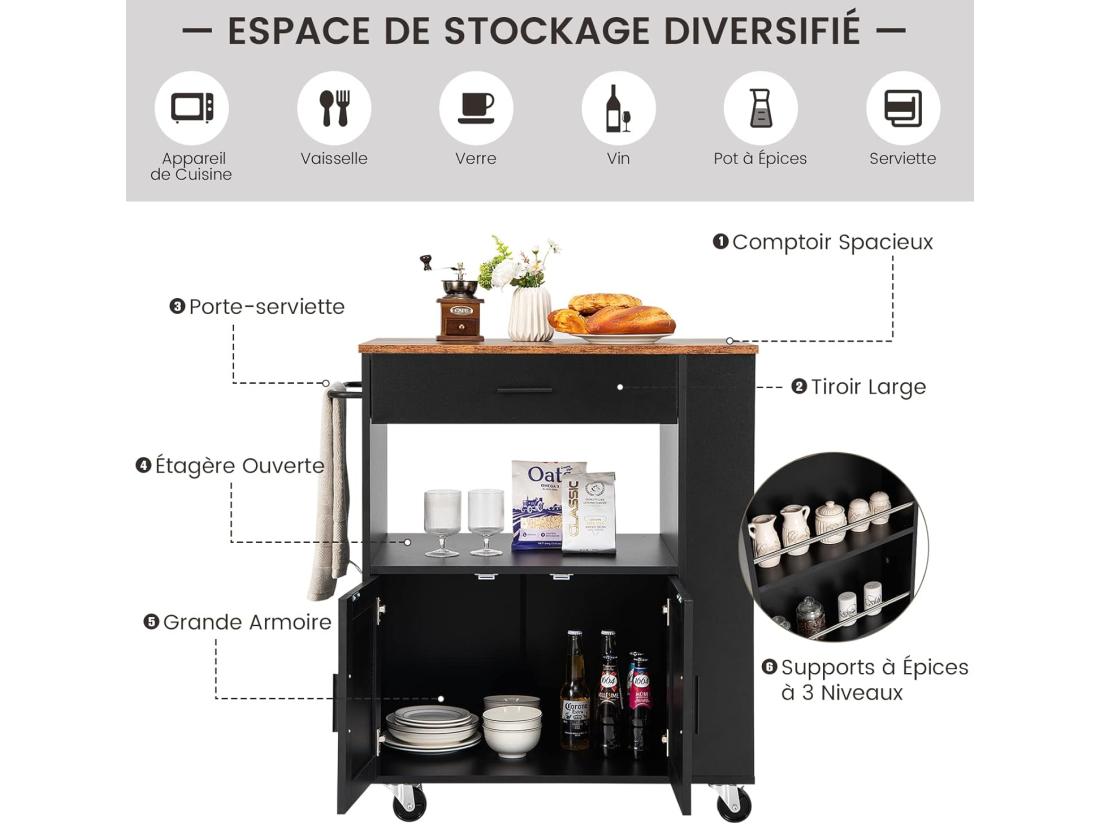 Vente Unique Desserte De Cuisine Sur Roulettes (2 Verrouillables) Chariot De Cuisine Avec Plateau En Bois Et Placard 3 Support à Épices Chariot De Service Tiroir Et Étagère Ouverte 46x82x92 Cm Noir