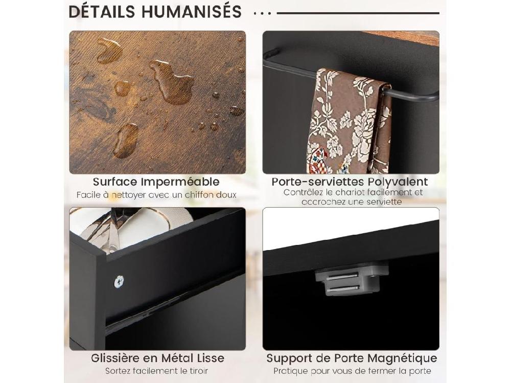 Vente Unique Desserte De Cuisine Sur Roulettes (2 Verrouillables) Chariot De Cuisine Avec Plateau En Bois Et Placard 3 Support à Épices Chariot De Service Tiroir Et Étagère Ouverte 46x82x92 Cm Noir