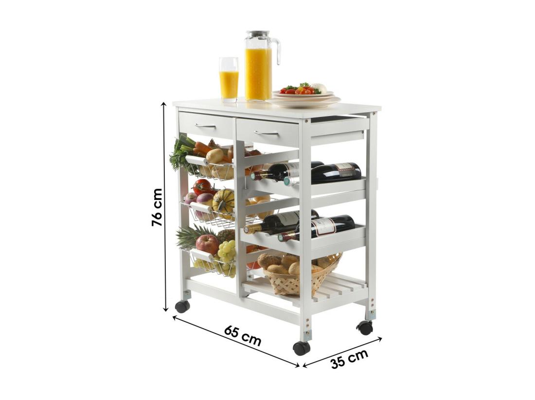 Vente Unique Desserte De Rangement Blanche Sur Roulettes – 2 Tiroirs Et 3 étagères Dimensions 65x35x76 Cm – Collection ROLLYX