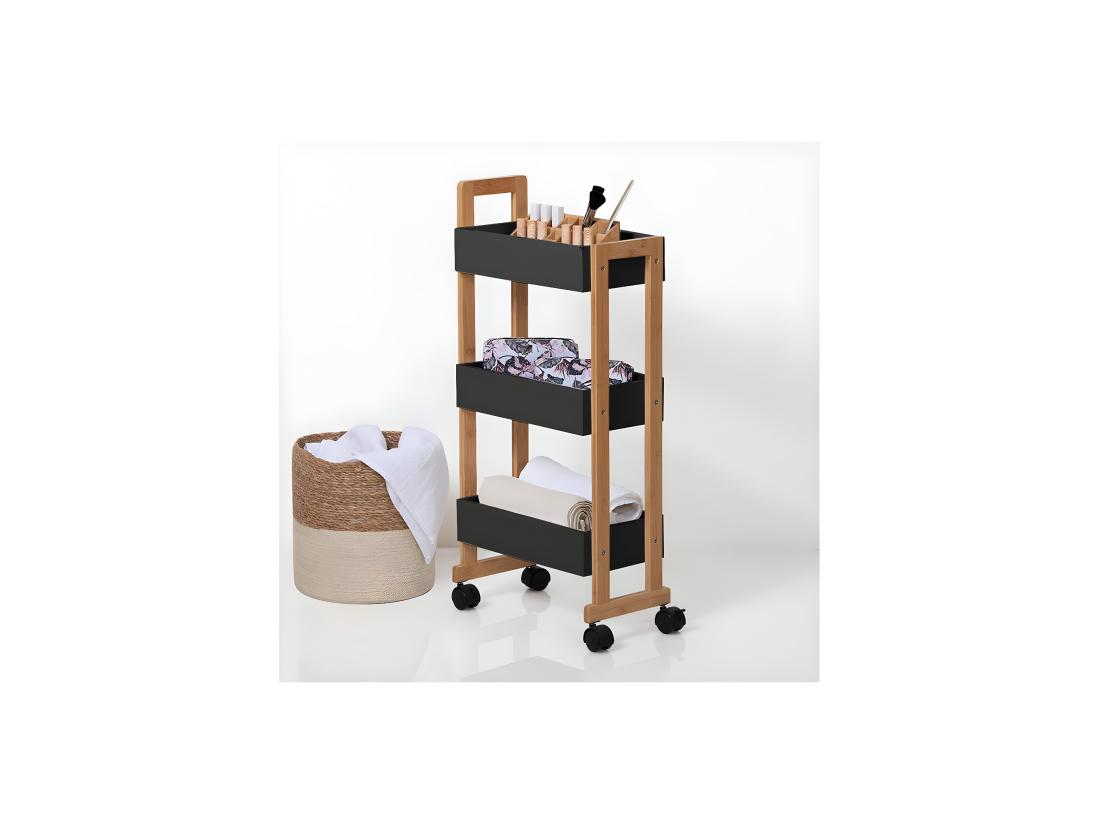 vente unique Desserte roulante 3 niveaux en Bambou et Bois Noir H 80 cm