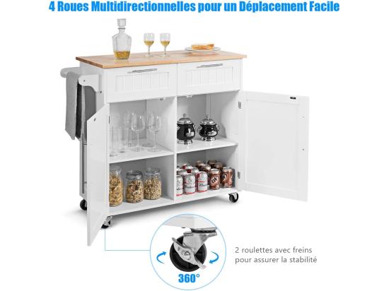 Vente Unique Dessertes îlot Central Cuisine Avec Table 4 Roues Universelles Porte-serviettes 94x41x94cm