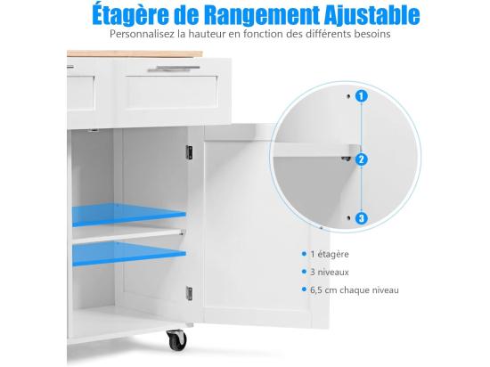 Vente Unique Dessertes îlot Central Cuisine Avec Table 4 Roues Universelles Porte-serviettes 94x41x94cm