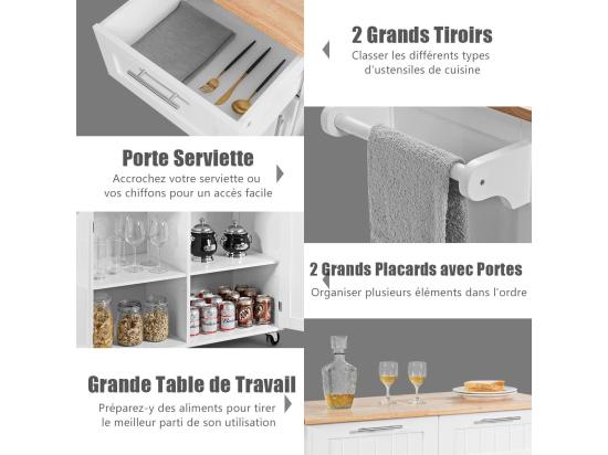 vente unique Dessertes îlot central cuisine avec table 4 roues universelles porte-serviettes 94x41x94cm