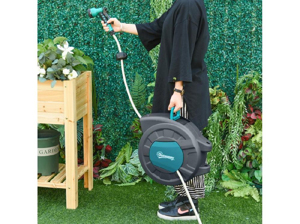 Vente Unique Dévidoir Mural Enrouleur Automatique Pivotant 180° Tuyau 15 + 1 4 M Avec Lance Arrosage Support Mural Intégré Turquoise Gris