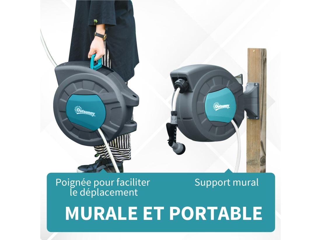 Vente Unique Dévidoir Mural Enrouleur Automatique Pivotant 180° Tuyau 15 + 1 4 M Avec Lance Arrosage Support Mural Intégré Turquoise Gris