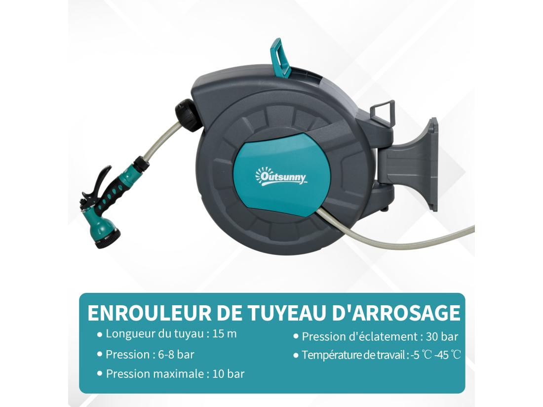 Vente Unique Dévidoir Mural Enrouleur Automatique Pivotant 180° Tuyau 15 + 1 4 M Avec Lance Arrosage Support Mural Intégré Turquoise Gris