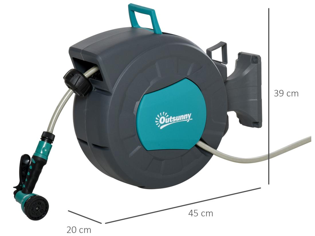 vente unique Dévidoir mural enrouleur automatique pivotant 180° tuyau 15 + 1 4 m avec lance arrosage support mural intégré turquoise gris