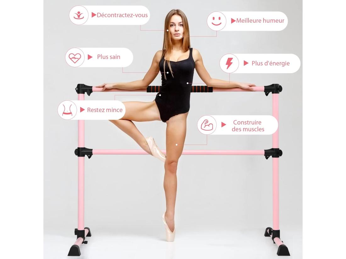 Vente Unique Double Barre De Danse Classique Hauteur Réglable 20-119CM Avec Eponge Base Rotative Charge Max 50KG Pour Gymnase Traction