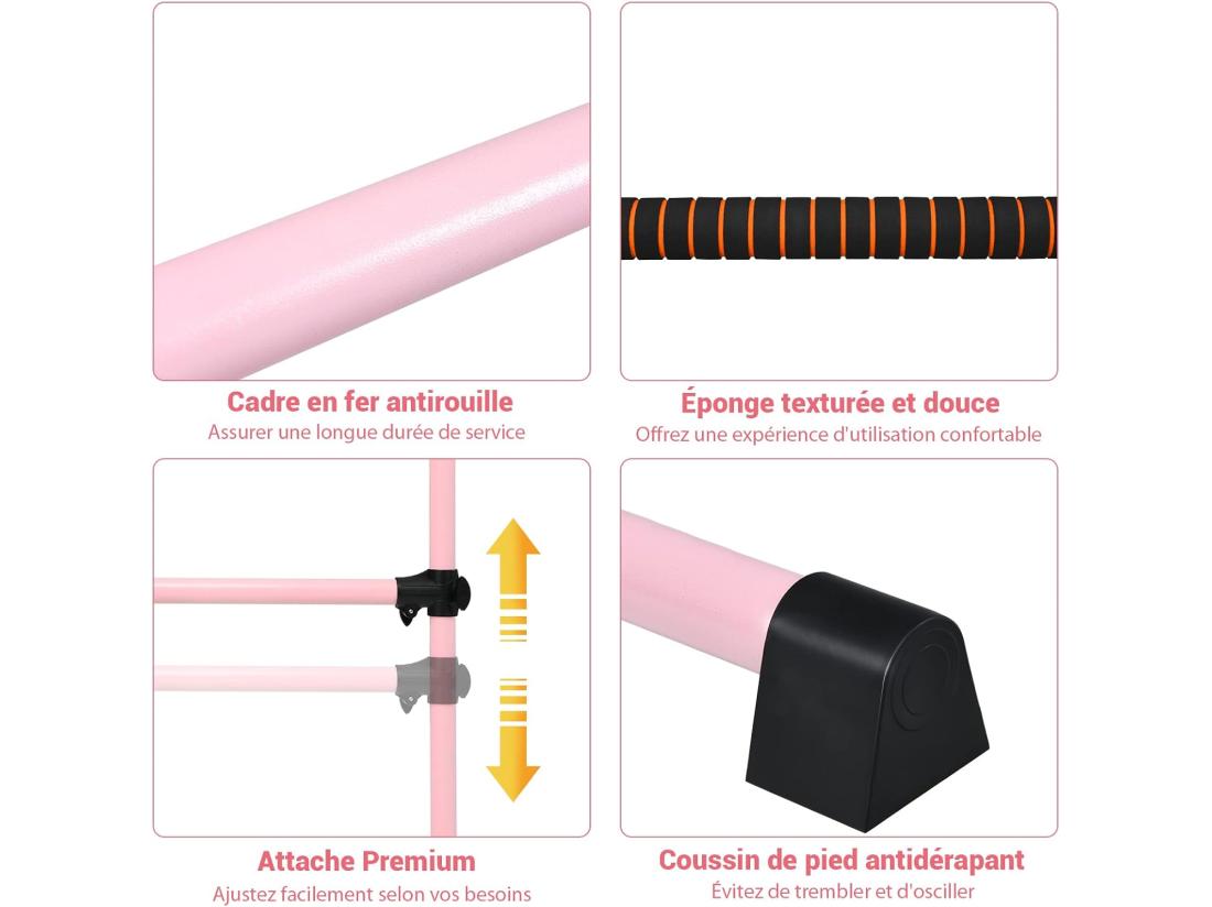 Vente Unique Double Barre De Danse Classique Hauteur Réglable 20-119CM Avec Eponge Base Rotative Charge Max 50KG Pour Gymnase Traction