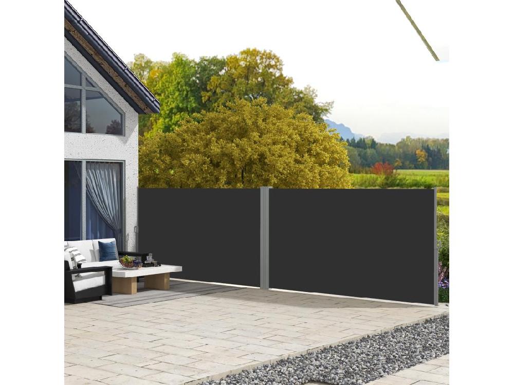 Vente Unique Double Store Latéral Brise-vue Paravent Rétractable Dim. 6L X 1 60H M Polyester Anti-UV Haute Densité Noir