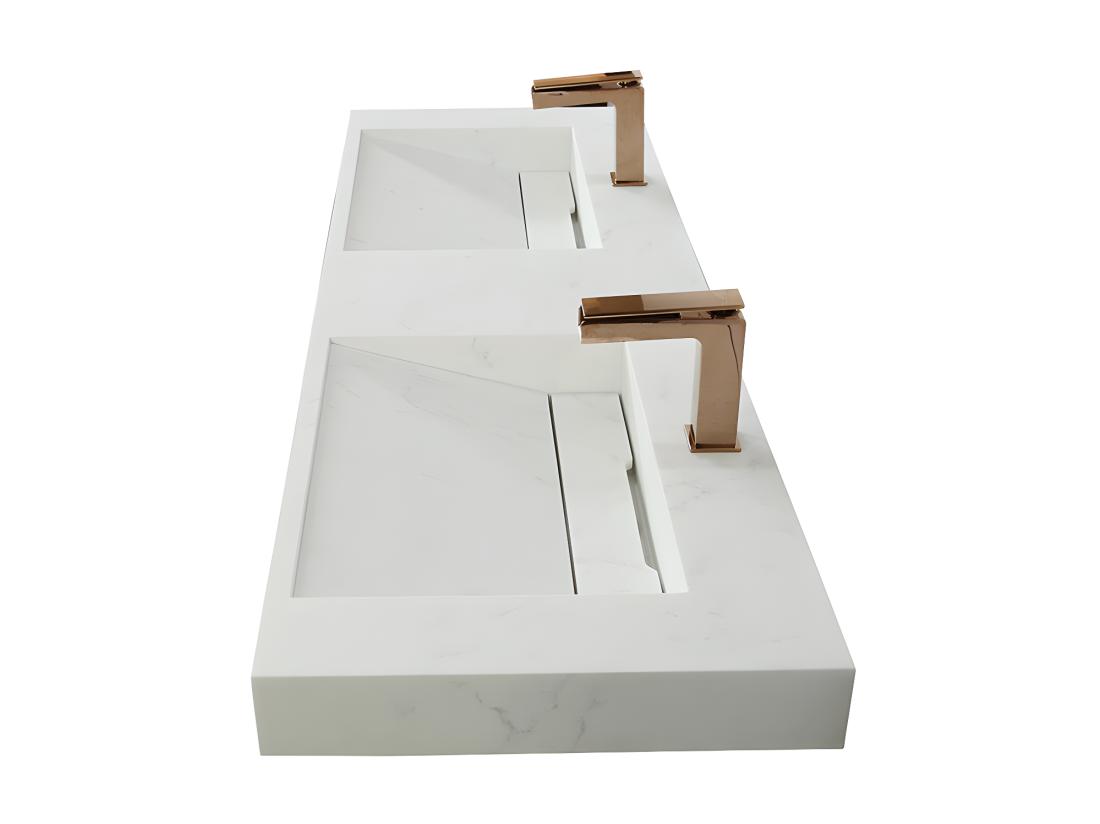 Vente Unique Double Vasque Suspendue En Solid Surface Effet Marbre Blanc - KODIAK - L120.2 X L45.2 X H8 Cm
