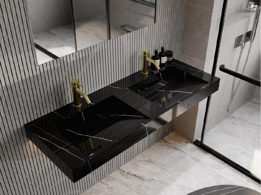 vente unique Double vasque suspendue en solid surface effet marbre noir - L120.2 x l45.2 x H8 cm - TAKOTNA