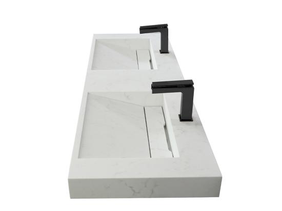 Vente Unique Double Vasque Suspendue En Solid Surface Effet Marbre Blanc - KODIAK - L140.2 X L45.2 X H8 Cm