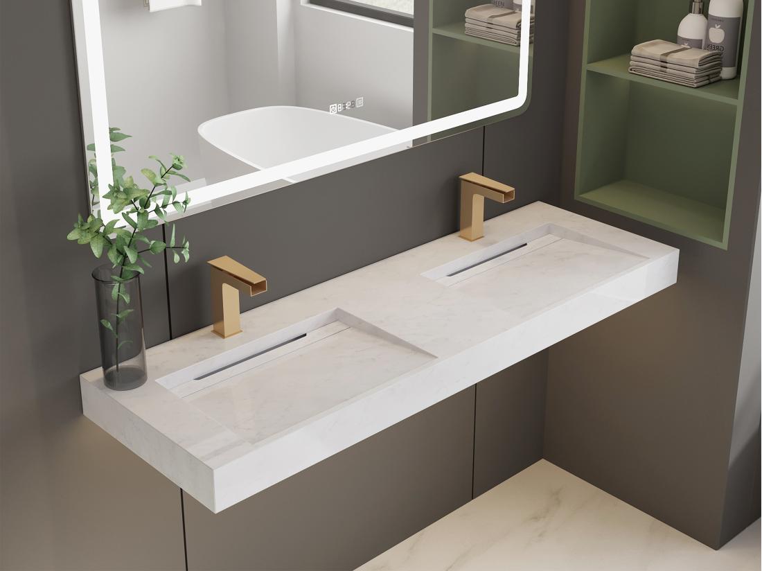 vente unique Double vasque suspendue en solid surface effet marbre blanc - KODIAK - L140.2 x l45.2 x H8 cm