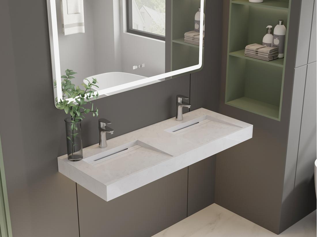 vente unique Double vasque suspendue en solid surface effet marbre blanc - KODIAK - L120.2 x l45.2 x H8 cm