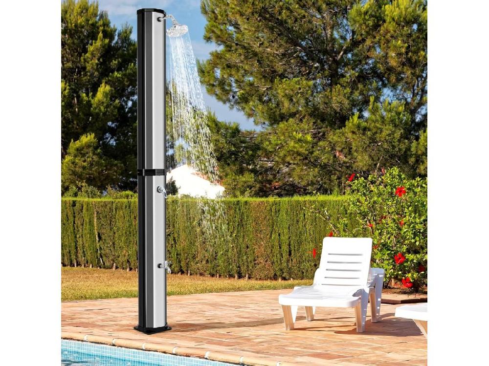 Vente Unique Douche Solaire D’Extérieur 60 L Douche De Jardin à Chauffage 227 Cm Avec Pivotant Robinet Pour Les Pieds Housse De Protection Pour Piscine Plage Jardin (Argenté)
