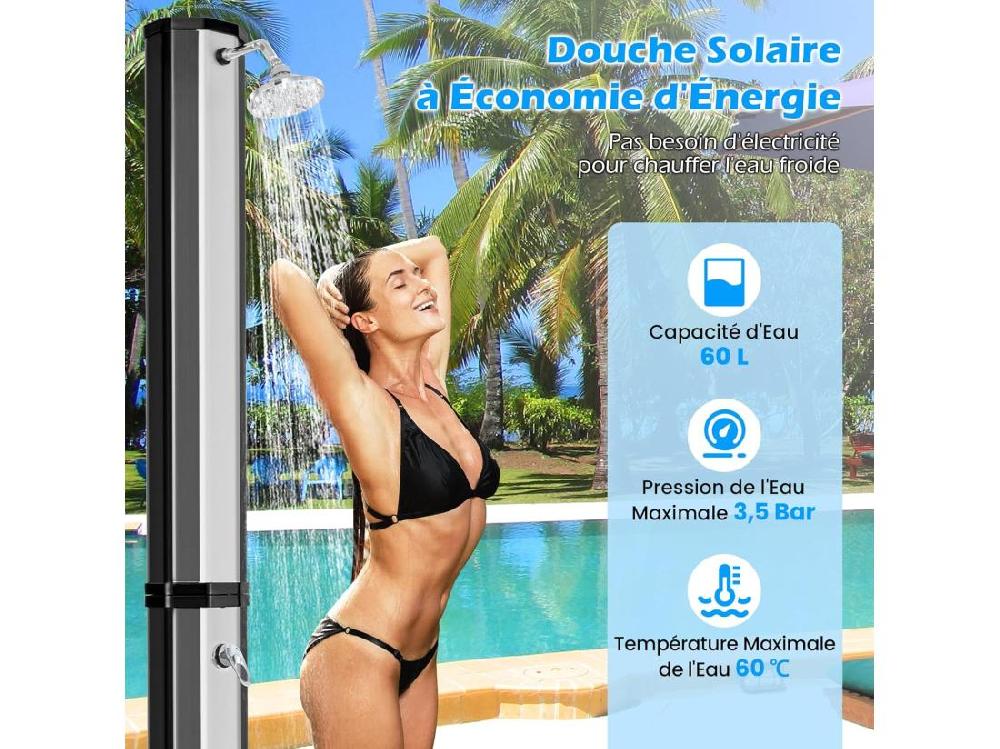 Vente Unique Douche Solaire D’Extérieur 60 L Douche De Jardin à Chauffage 227 Cm Avec Pivotant Robinet Pour Les Pieds Housse De Protection Pour Piscine Plage Jardin (Argenté)