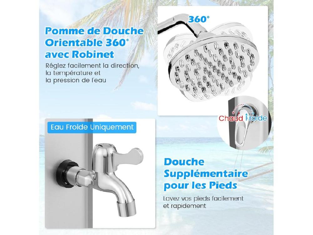 Vente Unique Douche Solaire D’Extérieur 60 L Douche De Jardin à Chauffage 227 Cm Avec Pivotant Robinet Pour Les Pieds Housse De Protection Pour Piscine Plage Jardin (Argenté)