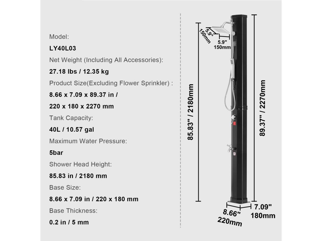 Vente Unique Douche Solaire Extérieure Chauffante SucceBuy 40 L Avec 2 Têtes Et Base Réglables Au Bord De La Piscine