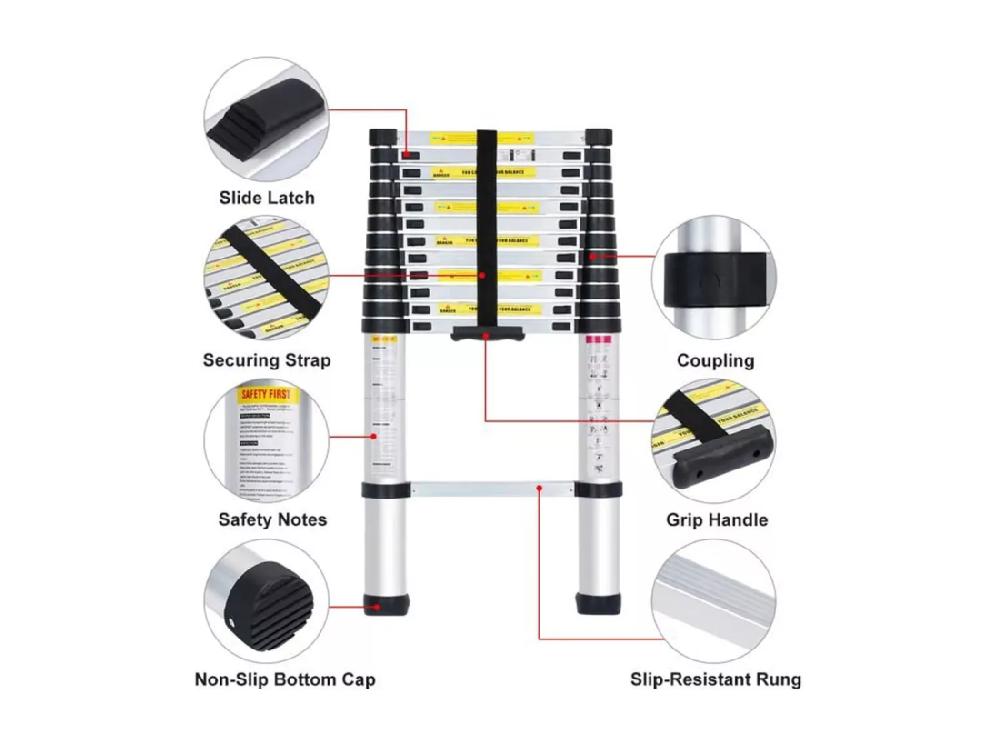 Vente Unique Échelle Télescopique De 2 6 M En Aluminium - Escabeau Pliant - 9 Barreaux - Avec Pieds Antidérapants - Charge Max 150 Kg
