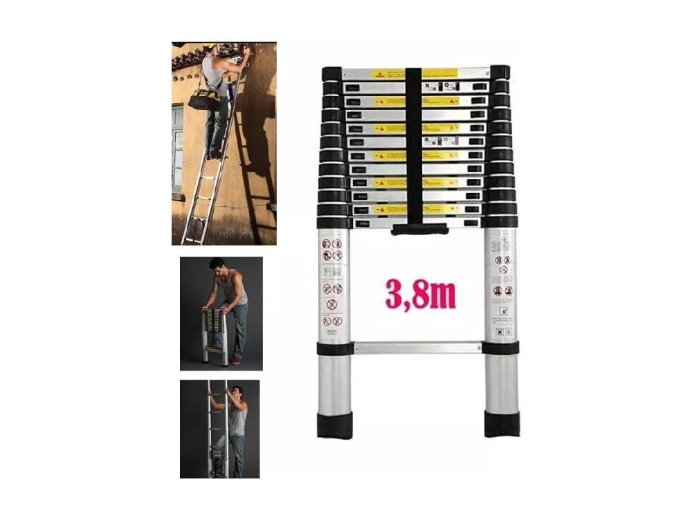 Vente Unique Échelle Télescopique De 3 8 M En Aluminium - Droite Multi-Fonction Ladder - 13 Barreaux - Avec Pieds Antidérapants - Charge Max 150kg