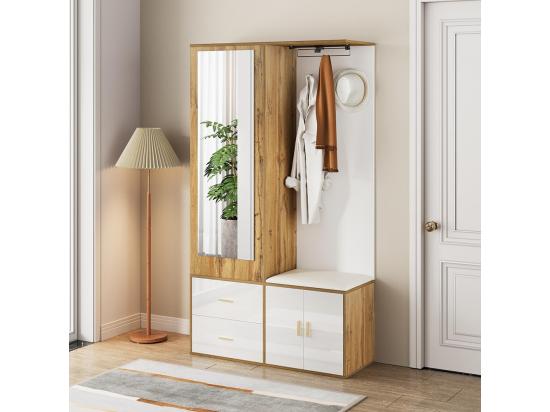Vente Unique Elégant Ensemble Penderie En Blanc Et Bois Brut Avec Miroir Armoire à Chaussures Banc à Chaussures Avec Crochets Et Cintres Coulissants