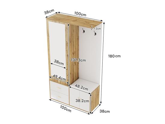 Vente Unique Elégant Ensemble Penderie En Blanc Et Bois Brut Avec Miroir Armoire à Chaussures Banc à Chaussures Avec Crochets Et Cintres Coulissants