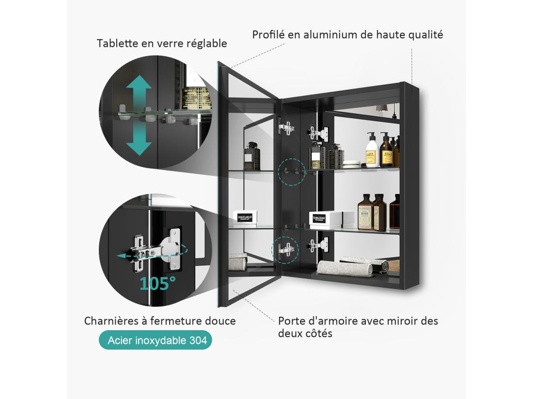 Vente Unique EMKE Armoires De Toilette 50x65cm Noir Armoire Salle De Bain En Miroir Double Face