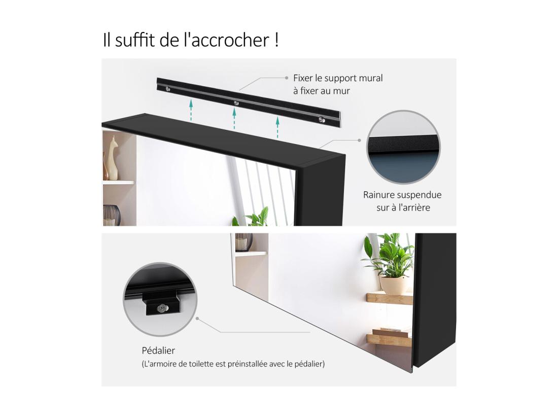 Vente Unique EMKE Armoires De Toilette 50x65cm Noir Armoire Salle De Bain En Miroir Double Face