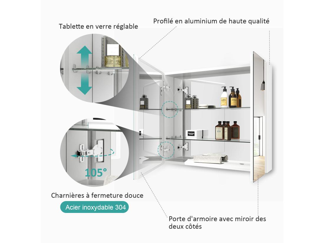 Vente Unique EMKE Armoires De Toilette 75x65cm Blanche Armoire Salle De Bain En Miroir Double Face