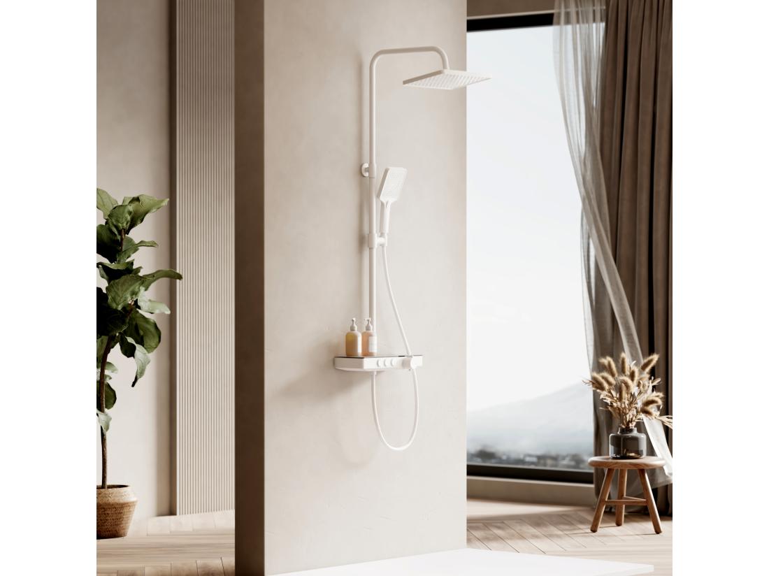 Vente Unique EMKE Colonne De Douche Thermostat 36 X 14 Cm étagères En Verre 3 Types De Jets Douche à Effet Pluie Certification KTW Blanc