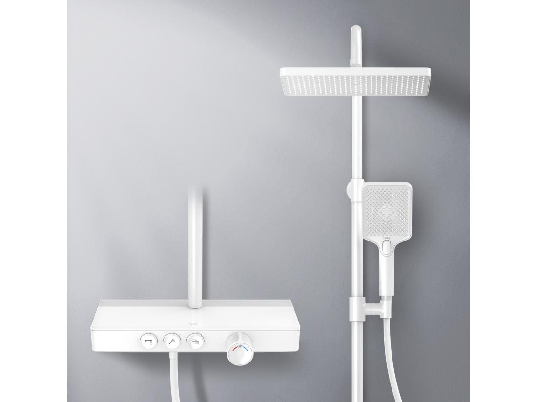 Vente Unique EMKE Colonne De Douche Thermostat 36 X 14 Cm étagères En Verre 3 Types De Jets Douche à Effet Pluie Certification KTW Blanc
