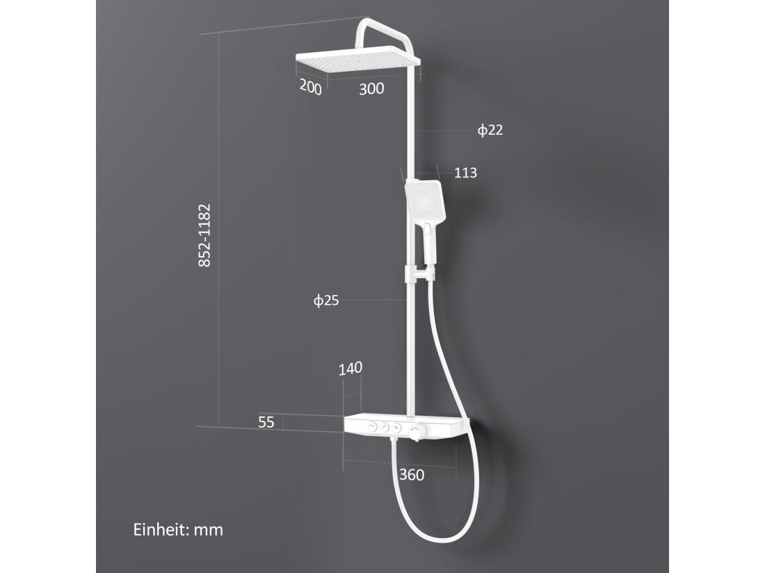 Vente Unique EMKE Colonne De Douche Thermostat 36 X 14 Cm étagères En Verre 3 Types De Jets Douche à Effet Pluie Certification KTW Blanc