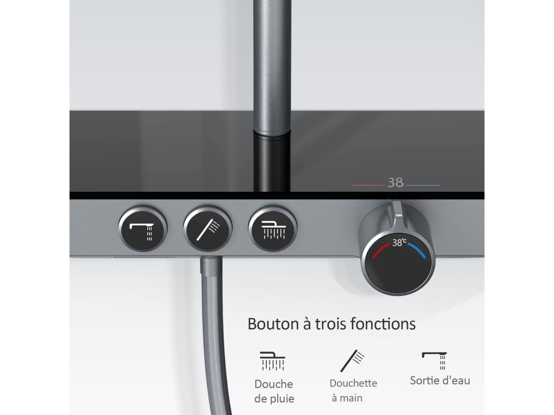 Vente Unique EMKE Colonne De Douche Thermostat 36 X 14 Cm étagères En Verre 3 Types De Jets Douche à Effet Pluie Certification KTW Gris Métal
