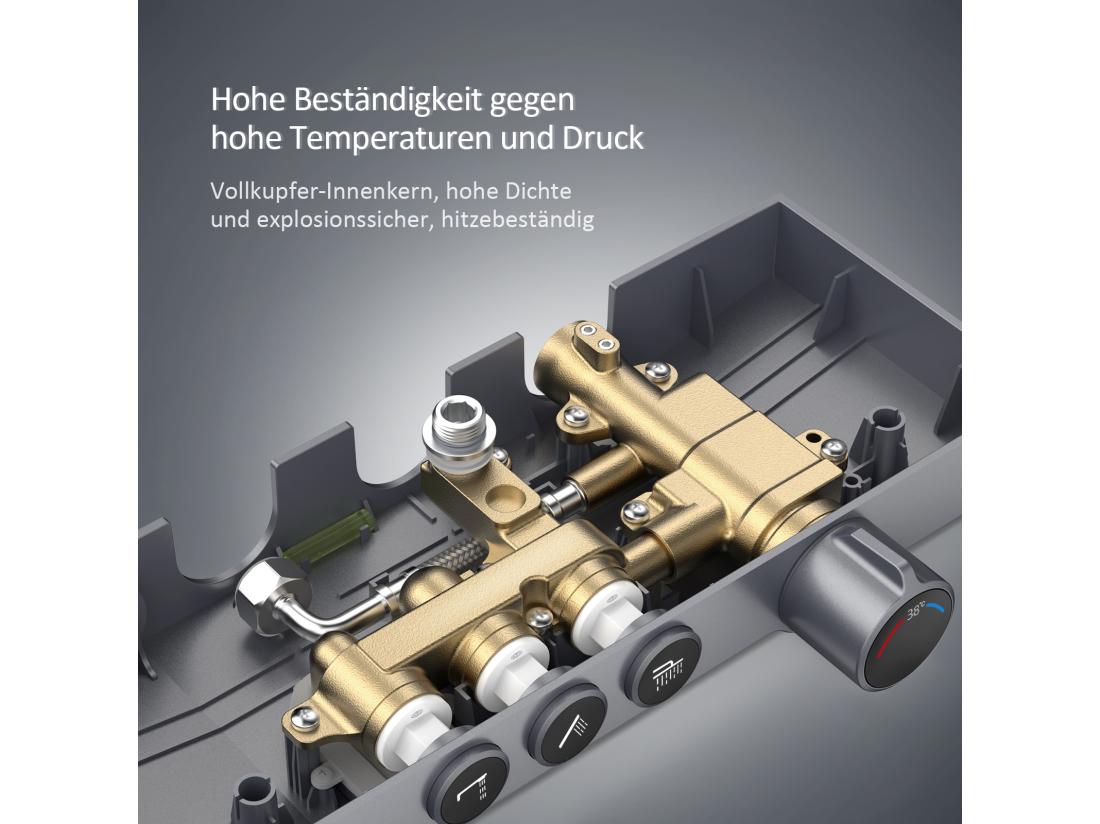 Vente Unique EMKE Colonne De Douche Thermostat 36 X 14 Cm étagères En Verre 3 Types De Jets Douche à Effet Pluie Certification KTW Gris Métal