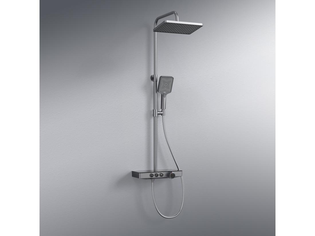 vente unique EMKE Colonne de douche Thermostat 36 x 14 cm étagères en verre 3 types de jets douche à effet pluie Certification KTW Gris métal