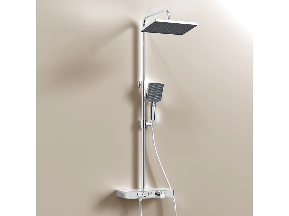 vente unique EMKE Colonne de douche Thermostat 36 x 14 cm étagères en verre 3 types de jets douche à effet pluie Certification KTW Blanc