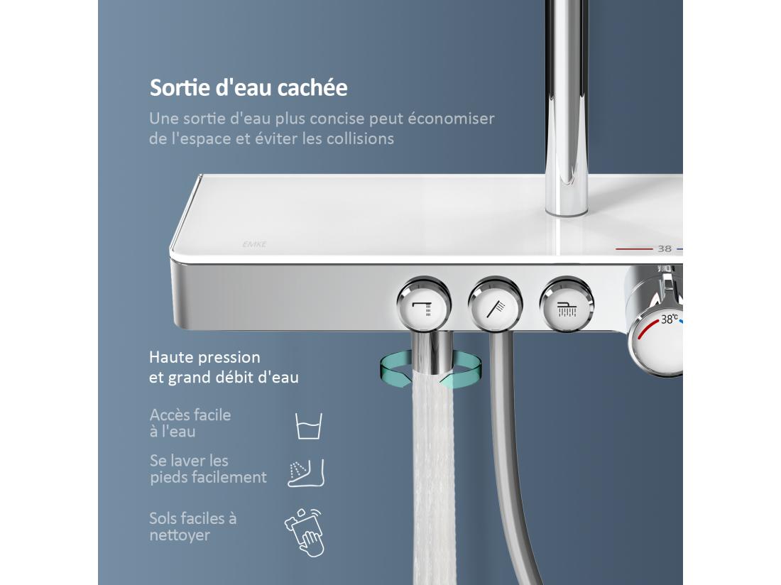 Vente Unique EMKE Colonne De Douche Thermostat 45 X 13 Cm étagères En Verre 3 Types De Jets Douche à Effet Pluie Certification KTW Chrome