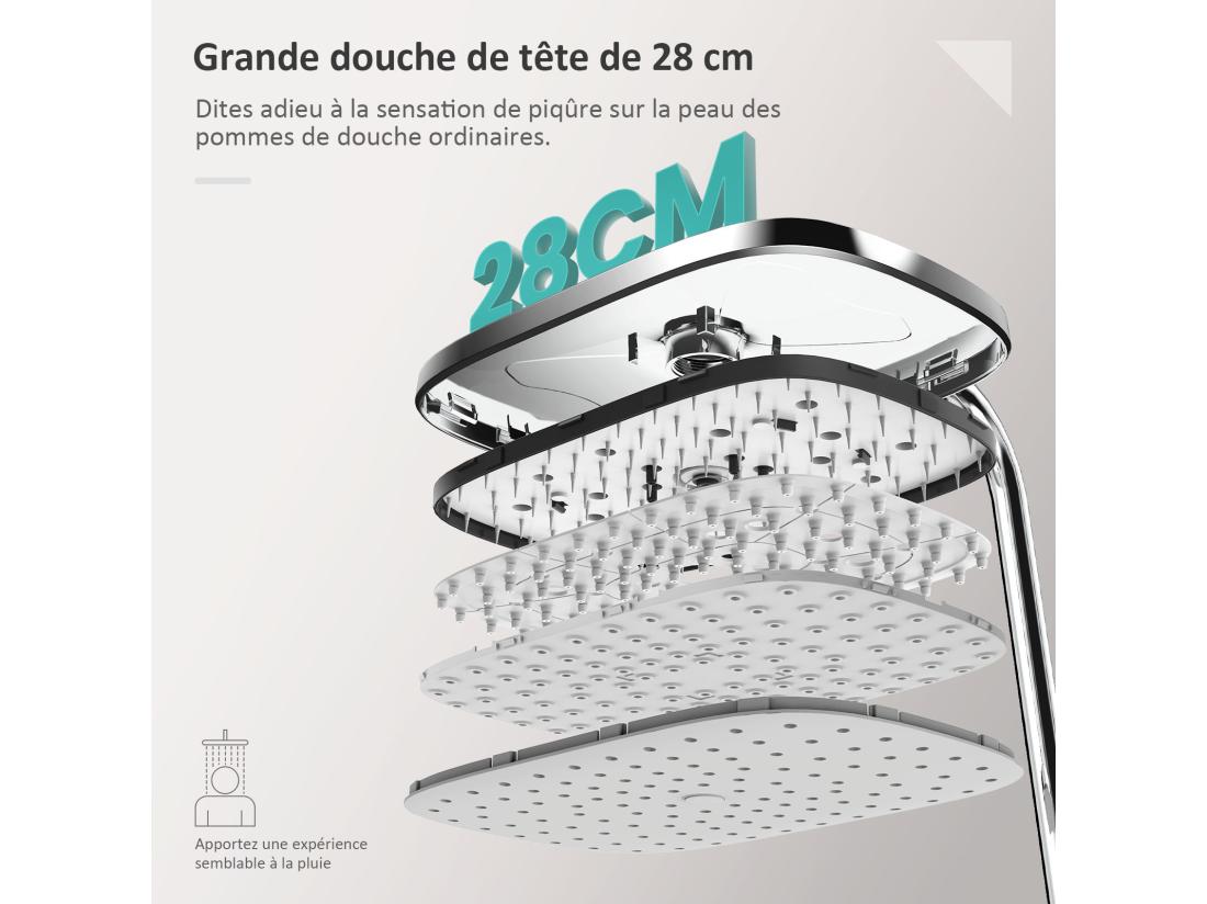 Vente Unique EMKE Colonne De Douche Thermostatique Chrome Ensemble De Douche Avec 38℃ Thermostat Douche De Pluie Et Douchette à Main Réglable En Hauteur Carré
