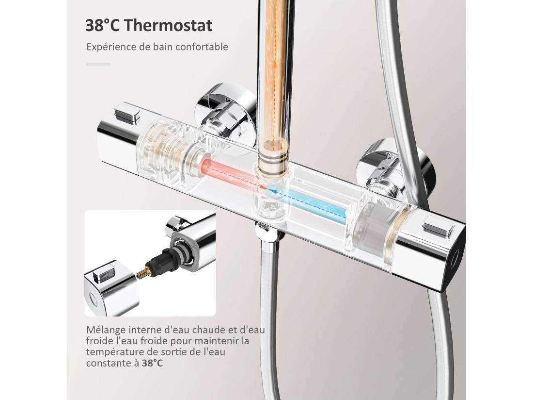 Vente Unique EMKE Colonne De Douche Thermostatique Chrome Ensemble De Douche Avec 38℃ Thermostat Douche De Pluie Et Douchette à Main Réglable En Hauteur Carré