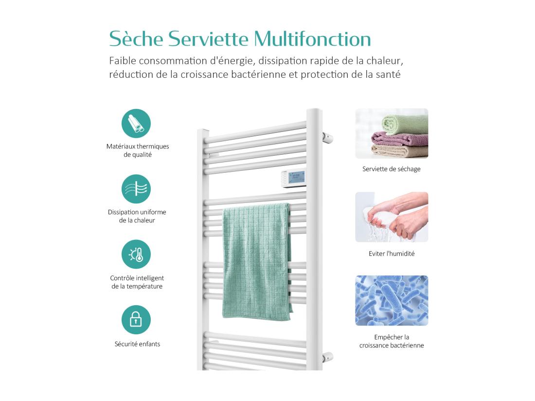 Vente Unique EMKE Sèche-serviette électrique Aluminium Commande Tactile Température Réglable - 960 X 540 Mm Blanc 500W