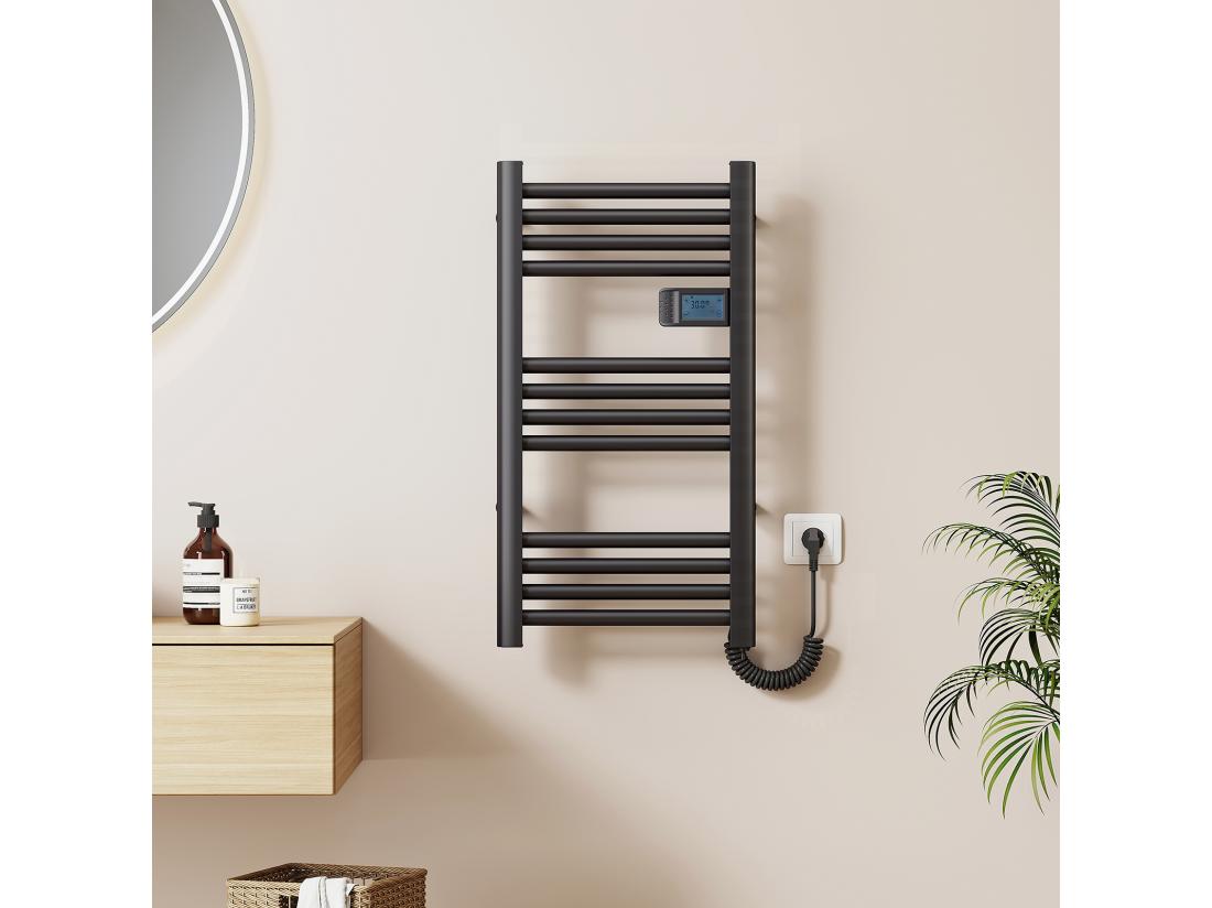 vente unique EMKE Sèche-Serviettes Électrique 750 x 400 mm Porte-serviettes de salle de bain électrique avec interrupteur tactile et minuterie Noir 180W