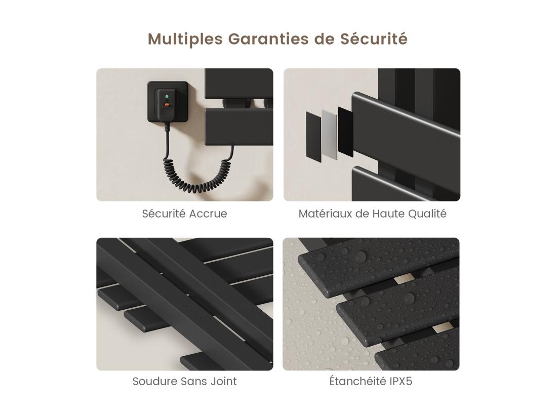 Vente Unique EMKE Sèche-Serviettes Électrique De Salle De Bain 1000 X 500 Mm Porte-serviettes Chauffant électrique Noir 350W Chauffe-serviettes Électrique