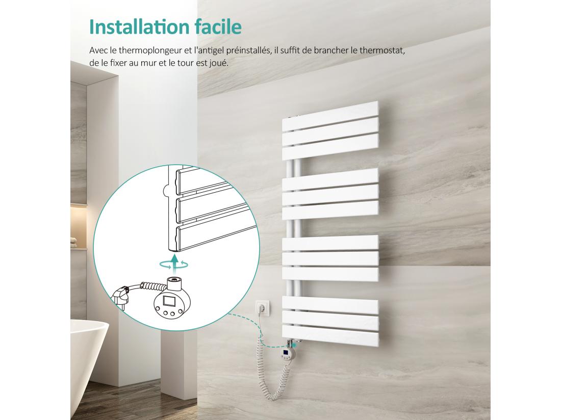 Vente Unique EMKE Sèche-Serviettes Électrique Panneau Avec élément Chauffant Thermostat Baguette Chauffante Avec Minuterie Blanc 1599x400mm 800W