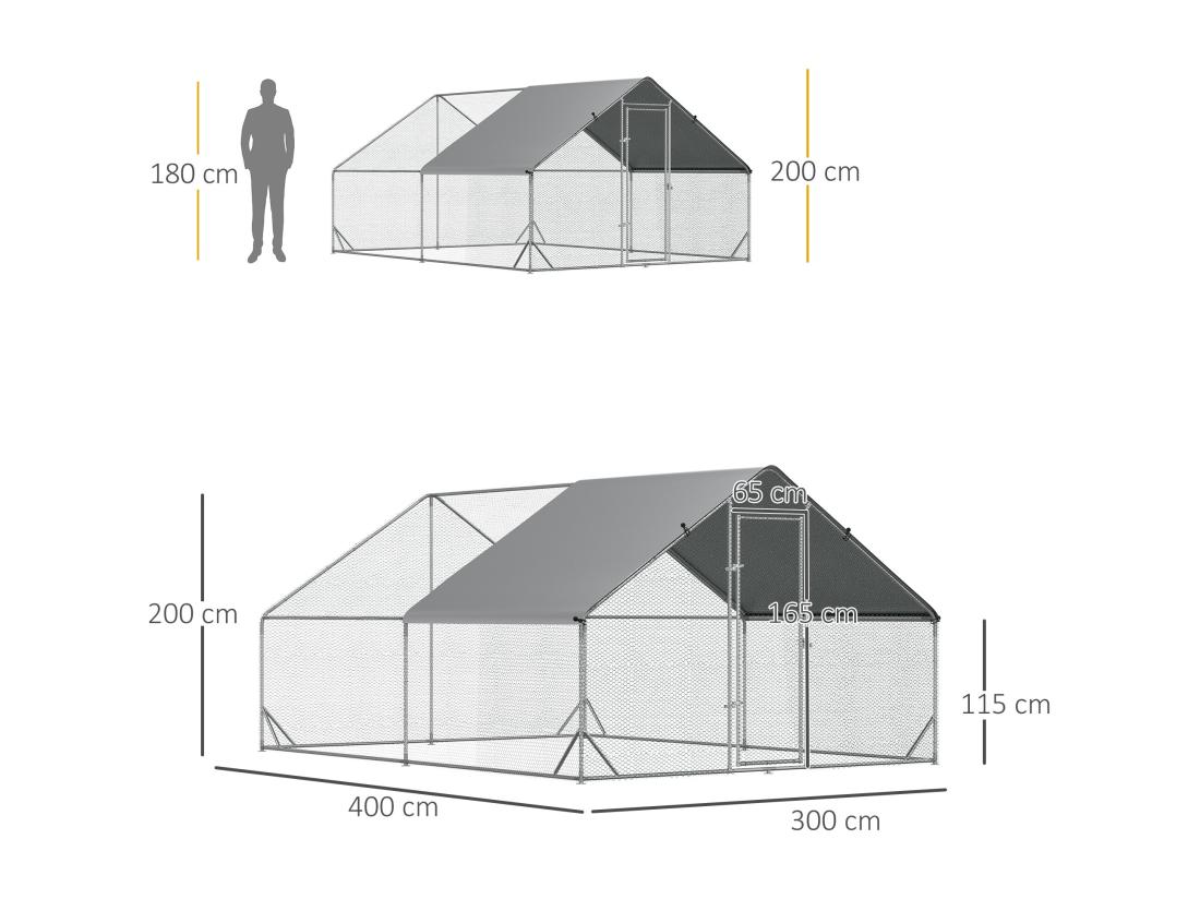 Vente Unique Enclos Poulailler Chenil 12 M² - Parc Grillagé Dim. 4L X 3l X 2H M - Espace Couvert - Acier Galvanisé