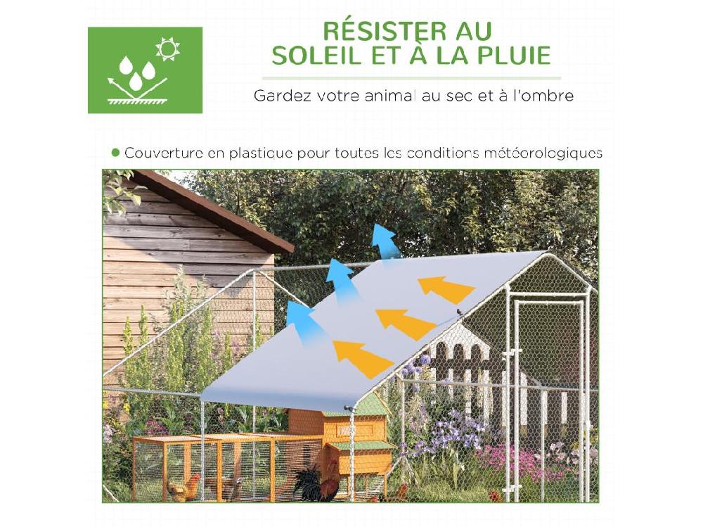 vente unique Enclos poulailler chenil 12 m² - parc grillagé dim. 4L x 3l x 2H m - espace couvert - acier galvanisé