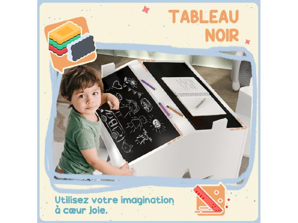Vente Unique Ensemble 1 Table Et 2 Chaises Enfants Avec Plateau De Tableau Noir Pieds En Pin Pour 3-8 Ans Blanc